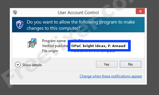 Screenshot where OPaC bright ideas, P. Arnaud appears as the verified publisher in the UAC dialog